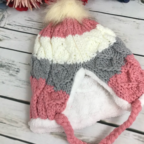 Gray, Pink & White Fleece Lined Beanie with Pom Poms - Picture 14 of 15